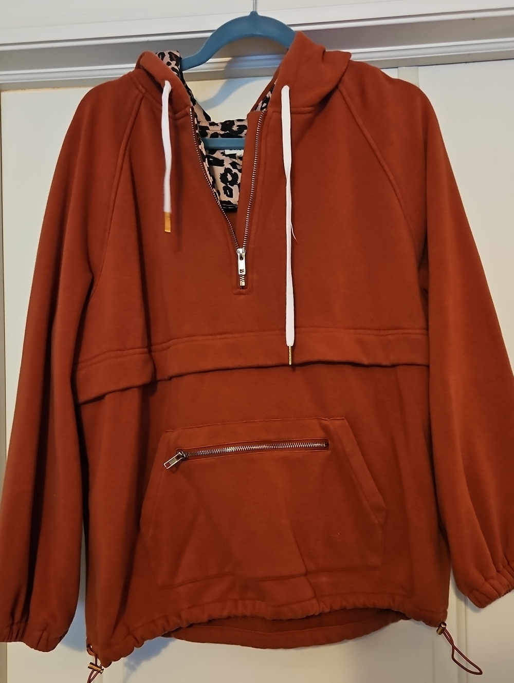 Main Strip Rust Orange Half-Zip Hoodie with Leopard Lining